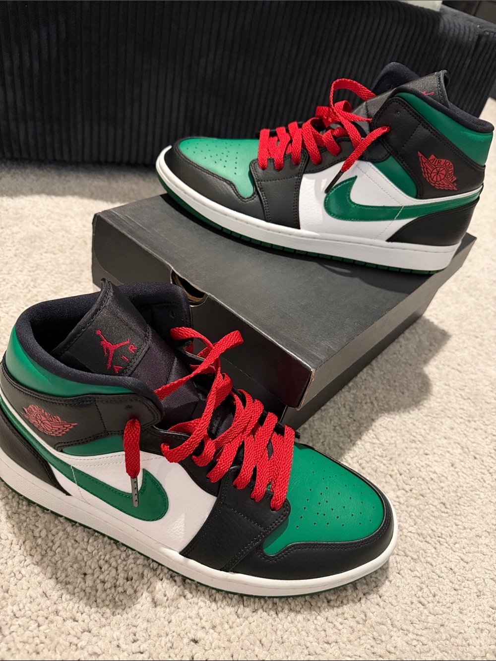 Jordan Mid-Top Sneakers in Green, Black, White with Red Laces - Picture 3 of 3